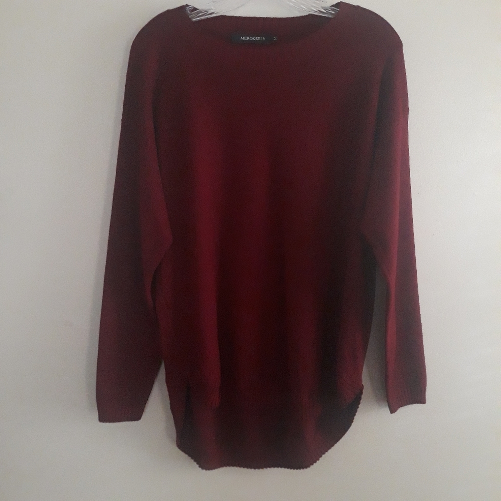 MEROKEETY Sweater Top Womens Medium Wine Knit Crew Neck Solid Round Hem